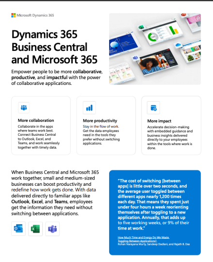 Fragmented workflows slow down small businesses. This brochure shows how integrating Microsoft 365 with Dynamics 365 Business Central simplifies operations by delivering real-time business data directly to the apps employees use every day. Download the brochure to see how your business can benefit and contact ContentMX for guidance on getting started.
