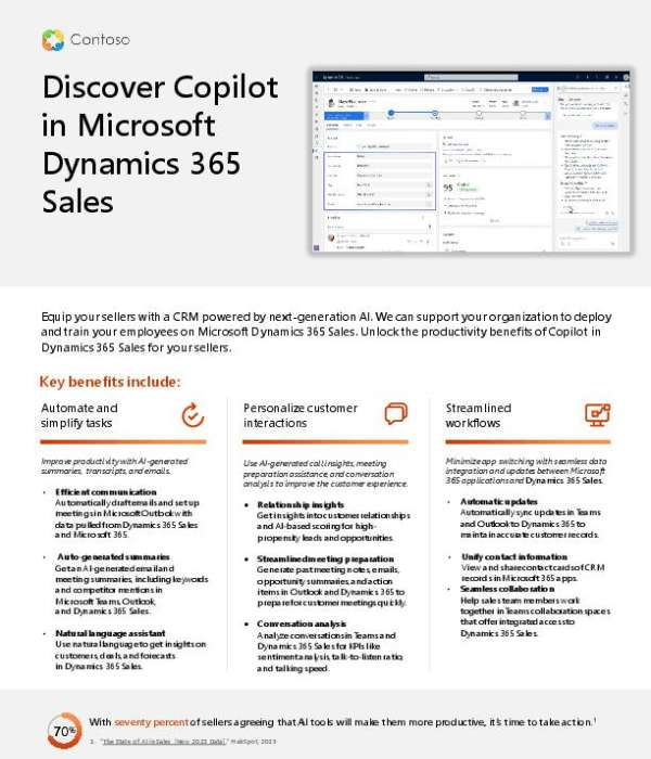 Sellers often struggle with manual tasks that reduce time spent with customers. This solution brief outlines how Copilot in Microsoft Dynamics 365 Sales automates key tasks — from drafting emails to generating meeting summaries and AI-based insights. Download the brief to see how Copilot boosts productivity and get in touch with ContentMX to discuss how you can integrate these capabilities into your organization.